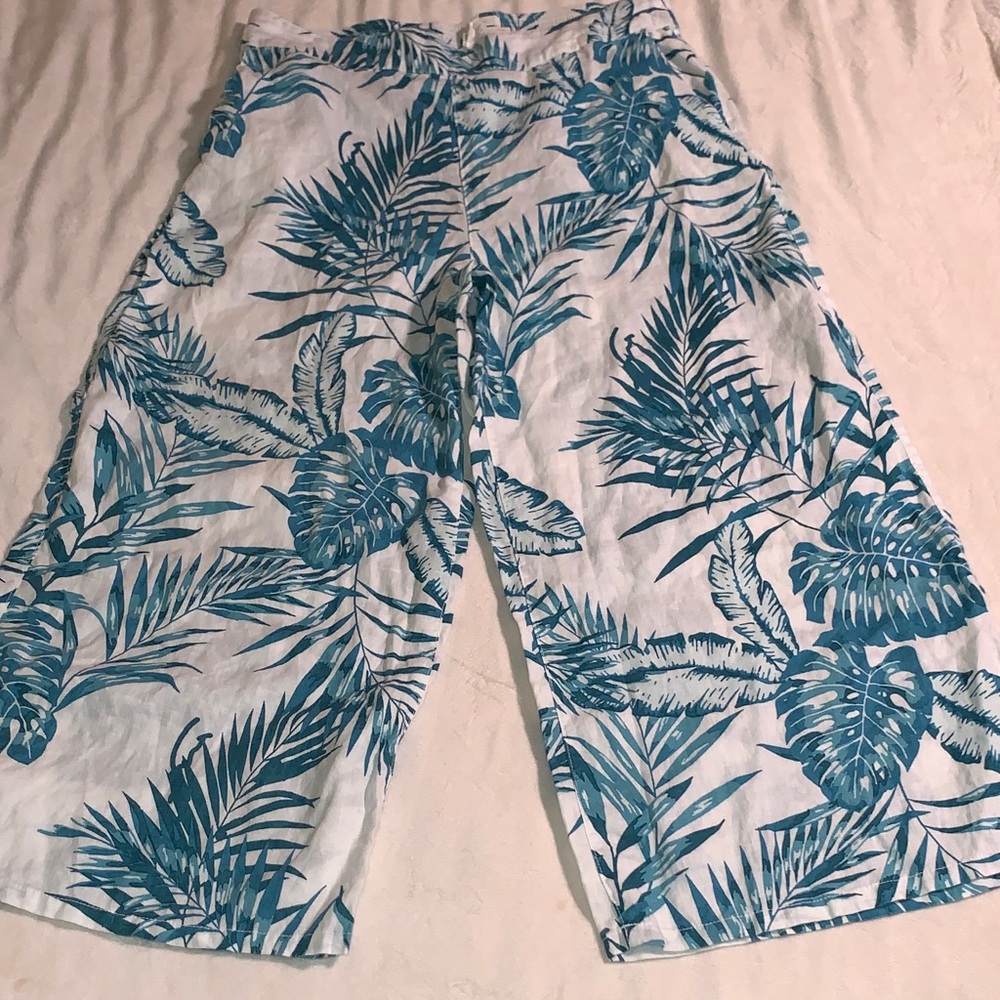C&C California Linen Leaf Print Wide Leg Sz L Pants Casual Summer Coastal Beachy